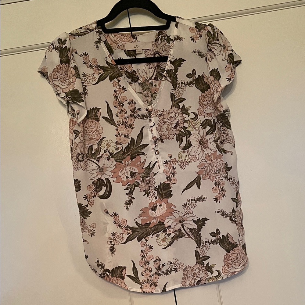 LOFT White Floral Short-Sleeve Henley Top